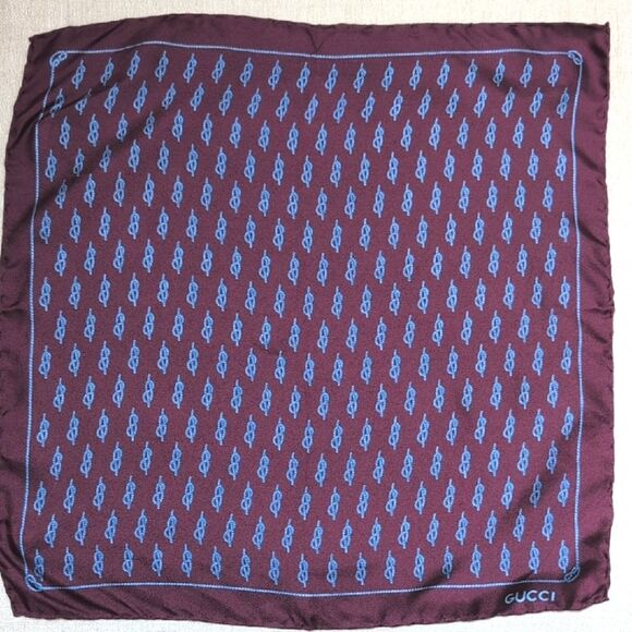 Gucci Silk Burgundy & Blue Pocket Square  Scarf with Rope Design Pattern Vintage - Picture 1 of 10